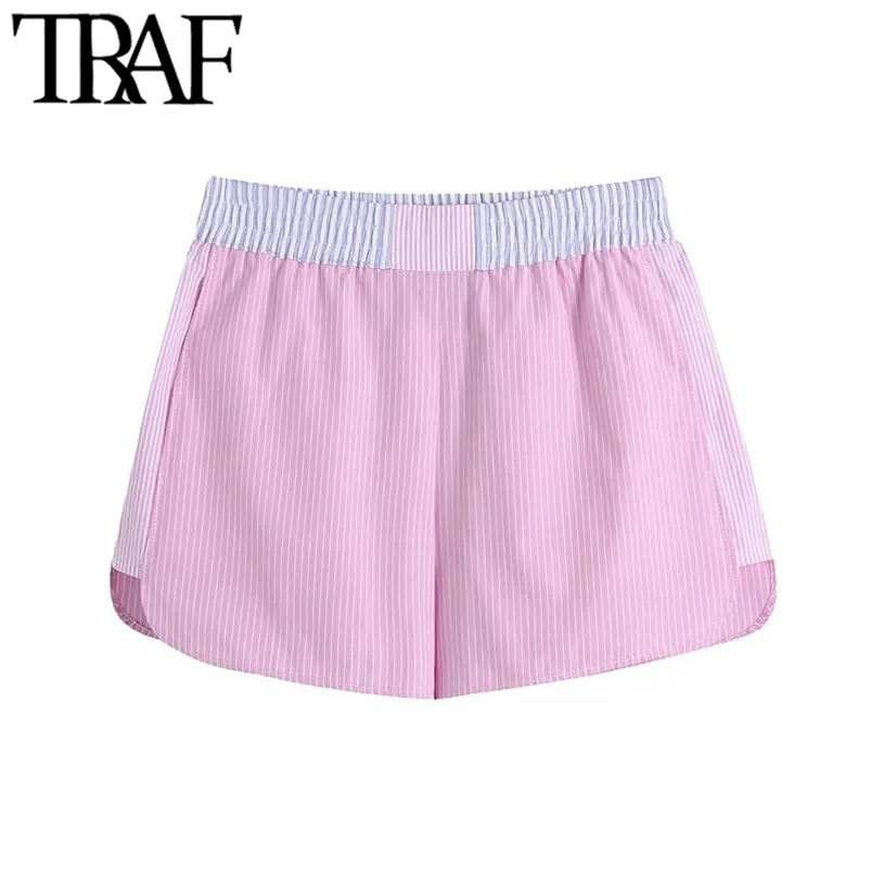 Women Chic Fashion Patchwork Striped Shorts Vintage High Elastic Waist Side Pockets Female Short Pants Mujer 210507