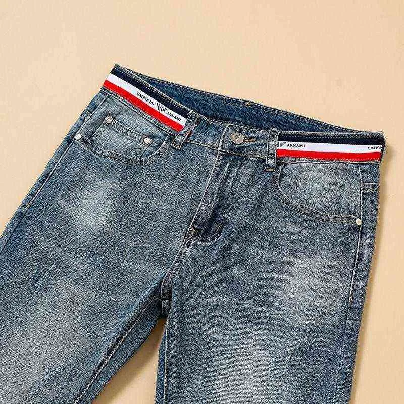 Jeans Masculino Marca Moda Calças Bordadas Leve Ajuste Justo Pés Pequenos Casual Versátil Verão Fino 0SMR