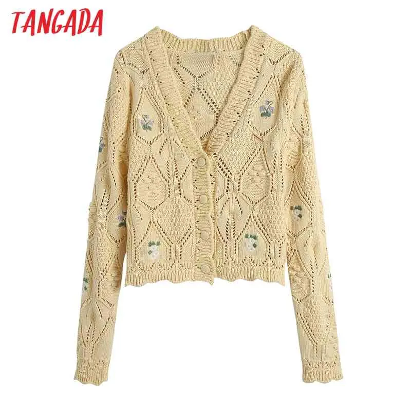 Women Krean Fashion Floral Embroidery Cropped Knitted Cardigan Sweater Vintage Long Sleeve Outerwear Chic Tops BE552 210416