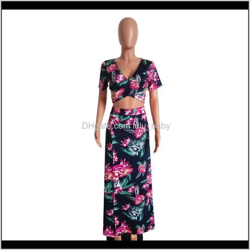 yjsfg house elegant women summer long maxi dresses two piece set sexy 2017 hollow out crop top skirts floral print 2 piece suits