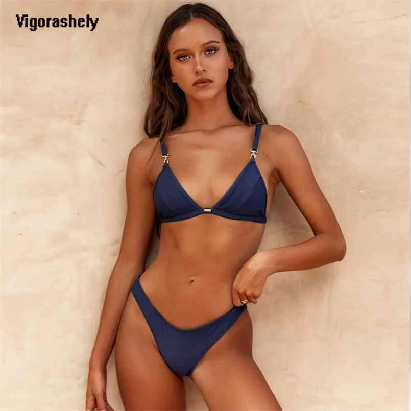 Sexig marinblå Bikini Thong Baddräkt Kvinnor Push Up Badkläder Baklösa Sommar Beachwear Strapped High Cut Bating Suit 210722
