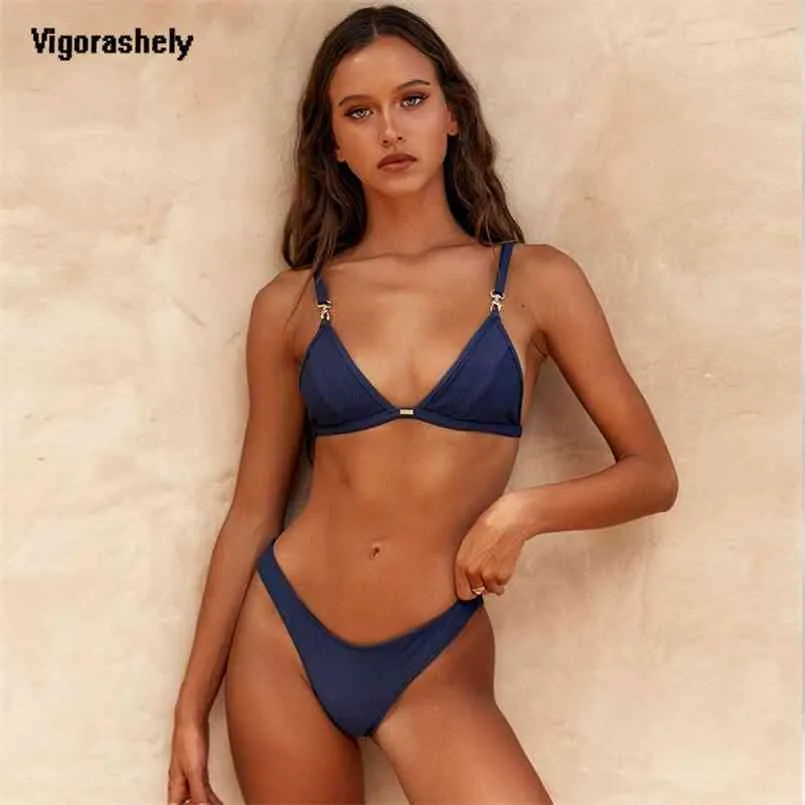 Costume da bagno sexy perizoma bikini blu navy Costume da bagno push up per donna Costume da bagno estivo senza schienale BeachWear Costume da bagno con taglio alto 210722