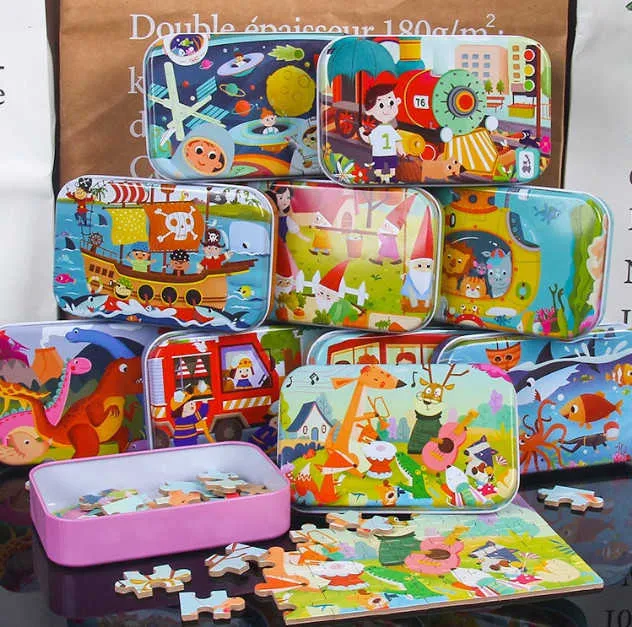 Acheter Puzzle plat en bois, boîte en fer de 60 pièces, dessin animé,  Version Puzzle, jouets éducatifs pour enfants, éducation précoce
