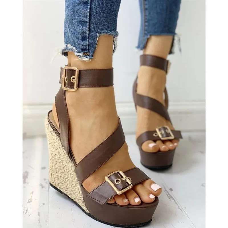 Mischfarben Super Hohe Keile Mit Plattform Schnalle Klassische Casual 2021 Frau Schuhe Mode Sandalen Große Größe 34-43