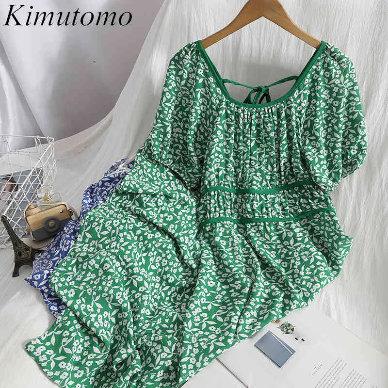 Kimutomo kleur contrast floral jurk vrouwen zomer Koreaanse kant-up vierkante kraag korte bladerdeeg mouw hoge taille vestidos vrouwelijke 210521