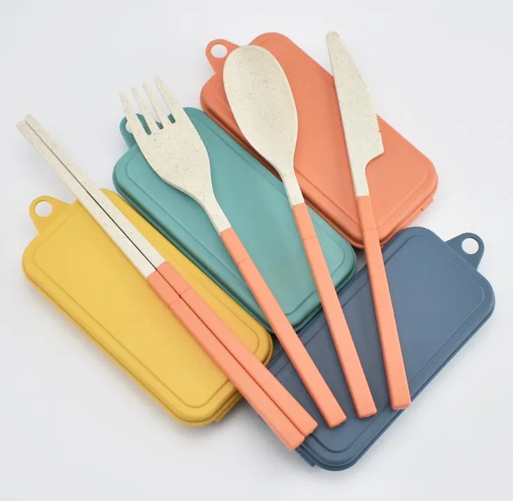 Wheat Straw Folding Cutlery Set Kids Knife Fork Spoon Chopsticks Portable Dinnerware Kits Flatware Sets for Travelling Camping SN5475