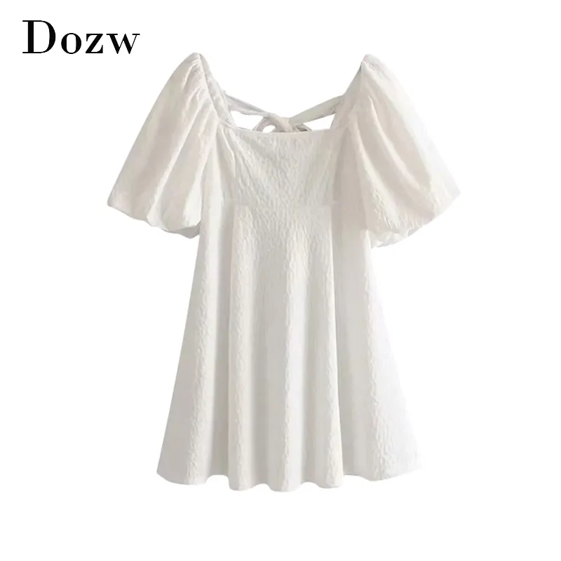 Yaz Beyaz Mini Elbise Kadın Puf Kısa Kollu Tatlı Pamuk Elbiseler Geri Papyon Katı Günlük Elbise Oymak Vestidos 210414