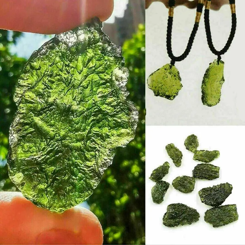 Collier avec pendentif en pierre de cristal, aérolites vertes Moldavite naturelle, corde énergétique tressée, bijoux uniques, 279t