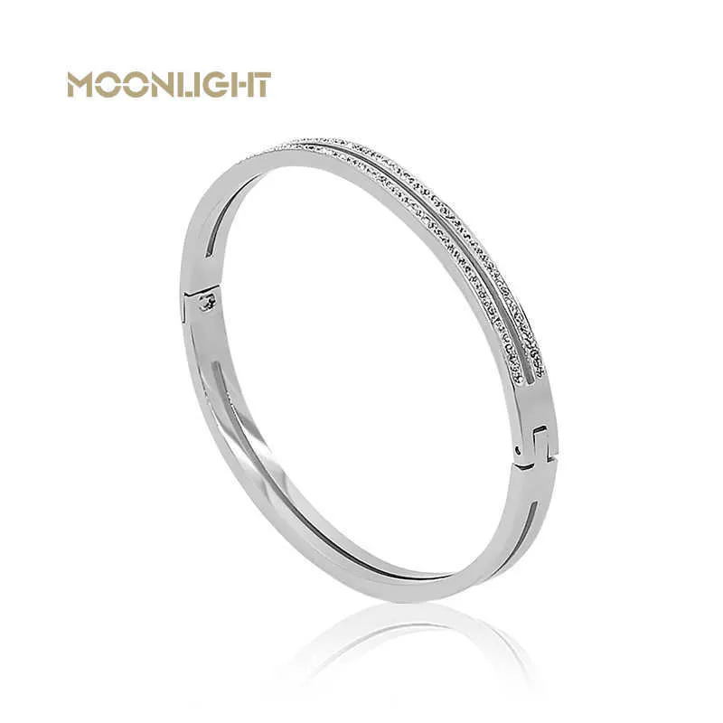 Moonlight Nouvelle Arrivée 2021 Manchette Simple À La Mode Bracelet Blanc Zircon En Acier Inoxydable Bracelet Femme Bijoux Cadeau Or Rose Couleur Q0717