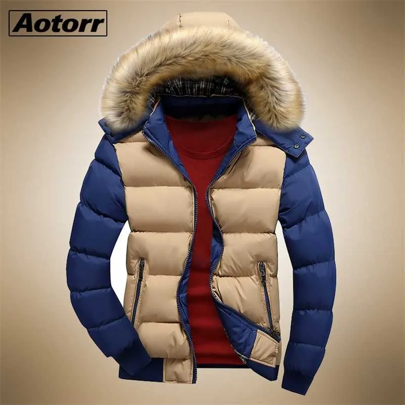 Män nere Parkas Vinter Varm Fleece Jacka 9 Färg Fashion Fur Hood Hat Avtagbara Män OuterWear Casual Mens Coats Tjocka Hoodies 211110