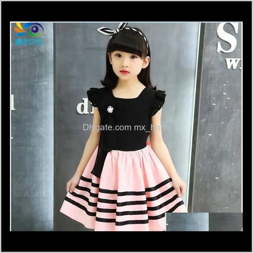 big girls princess dress 2016 summer new children stripe casual dresses with back bowknot kids korean style tutu skirt 120-160