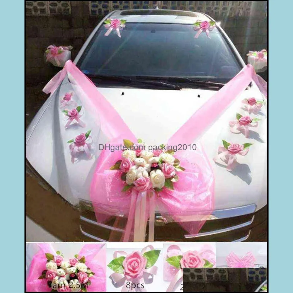 Simple Style PE Rose Wedding Car Decoration Flowers Heart Shaped Wreaths Color Can be Customized 220110