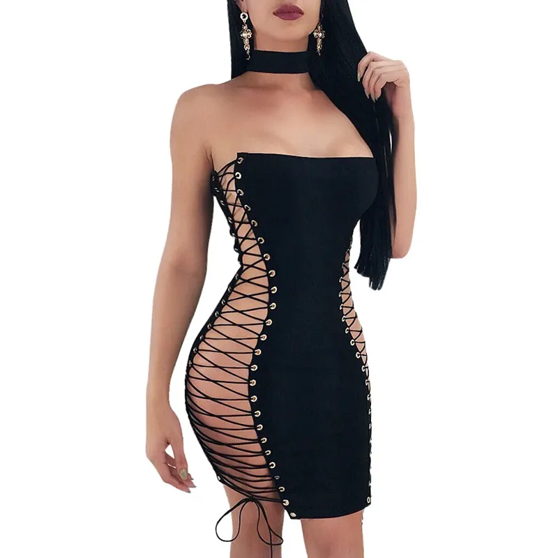 Sexy femmes Mini robe sans bretelles Bandage évider Bandeau à lacets fête dames robes moulantes Slim Clubwear mode été