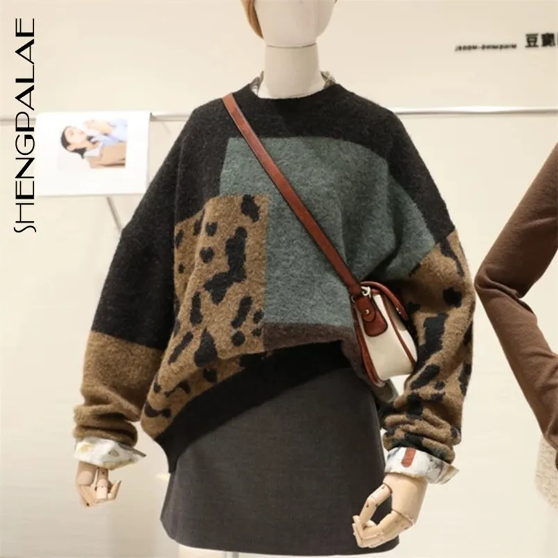 Otoño manga larga jersey de punto suelto moda jersey femme leopardo hit color suéter ZA5272 210427