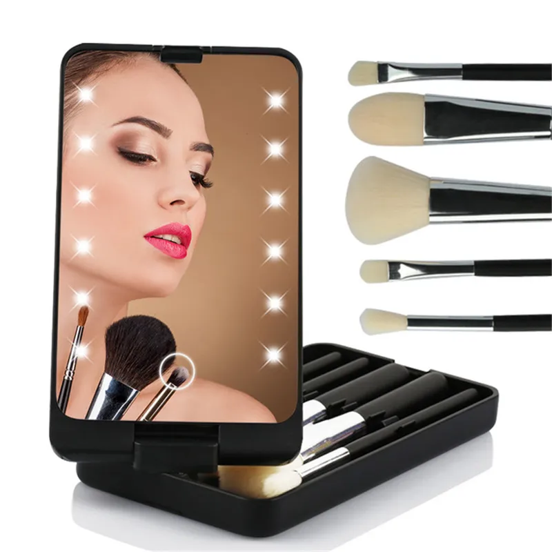 Specchio per il trucco Luce a LED con pennelli da 5 pezzi Custodia Organizer Pieghevole Touch Screen portatile Led Specchi Spazzole Scatola da viaggio Strumenti cosmetici