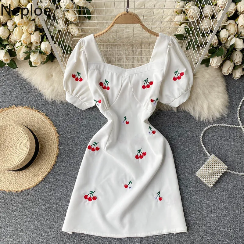 Sweet White Mini Dress: Spring Fashion Square Collar Puff Sleeve Embroidery  Cherry Vestidos Mujer - Elegant & Trendy, Buy Now! from Dhgate Basic &  Casual Dresses - price 49.9