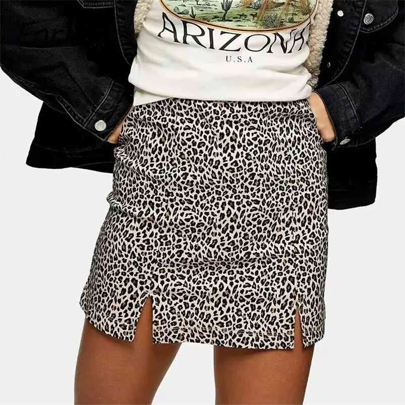 Side Slit Bodycon A-like Skirts Womens Leopard Print Fashion Short Mini Skirt Casual Summer Cara Bottons 210427