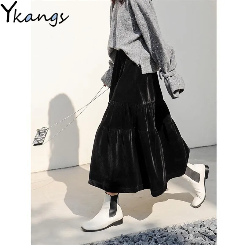 Velours taille haute longue jupe femmes automne hiver coréen noir plissé Style Vintage femme Midi Saia 210421