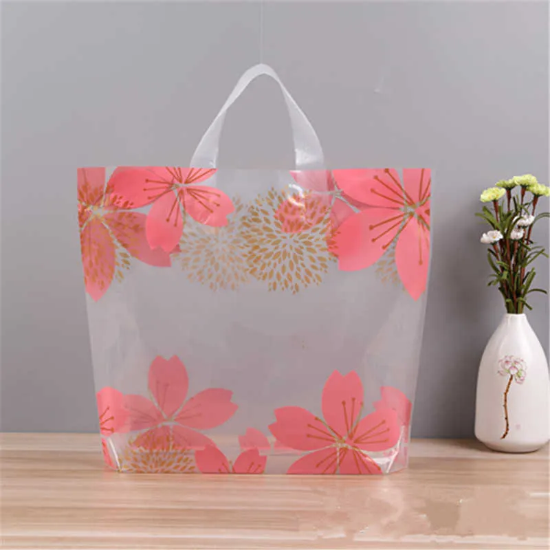 50 pçs / pacote saco de plástico com punho flor Bonito Saco de Presente Grande Shopping Photo Saco Festa Presente Bolsas De Embalagem Festa Fontes 210724