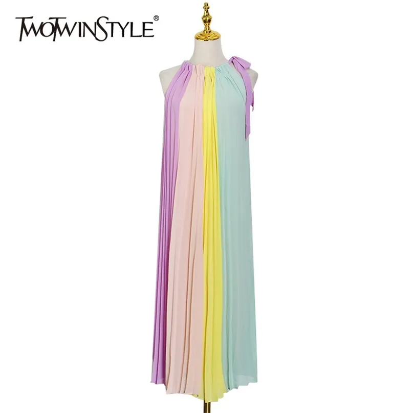 Casual Hit Color Pleated Dress para Mulheres O Neck Sem Mangas Lace Up Bowknot Solto Midi Vestidos Feminino Verão Fashion 210520