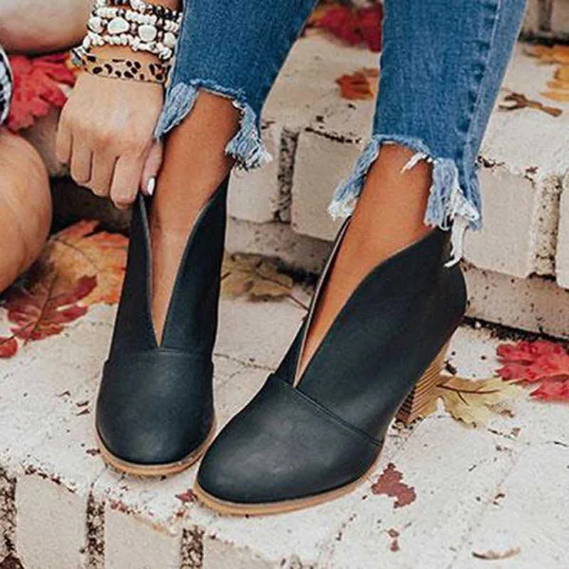 Kış Kadın Çizmeler V Kesme Ayak Bileği Çizmeler Yığılmış Topuk Patik Fahsion Chelsea Çizmeler PU Botas Zapatos Mujer Boyutu 35-43 210911