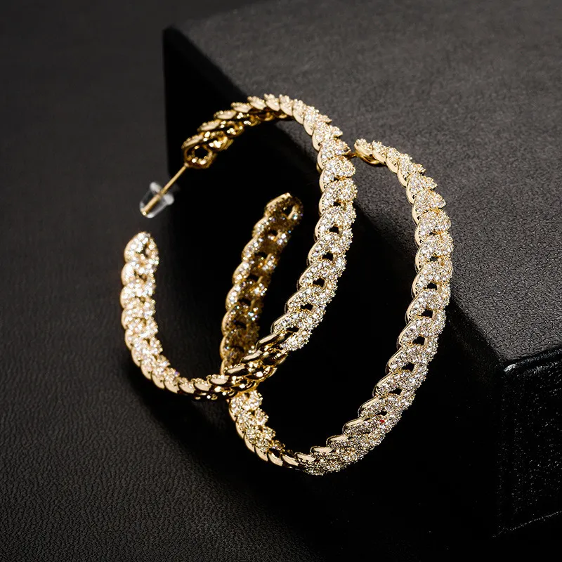 Hip Hop Iced Out Stud Pendiente de cadena cubana de gran tamaño CZ Hoop Pendientes redondos Chapado en oro y plata Joyería ostentosa para hombre