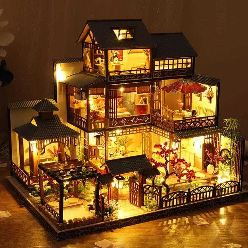 Diy Doll House Leksaker Japanska Arkitektur Doll House Hot Spring House Japansk stil Simulerad Villa Toy Lover Gift med LAMP Q0624