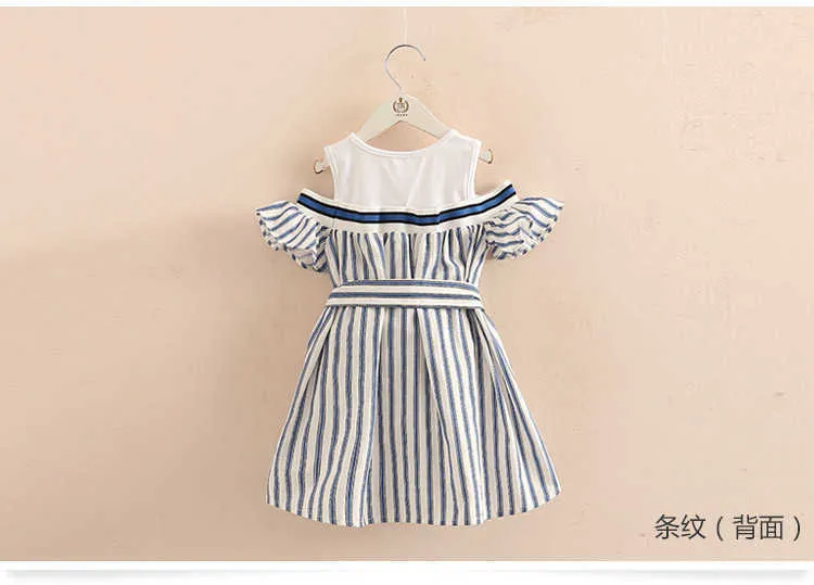  Summer 4-12 Years Children Birthday Princess Party Dance Prom Blue Stripe Little Kids Sexy Girl Strapless Dress With Belt (2)