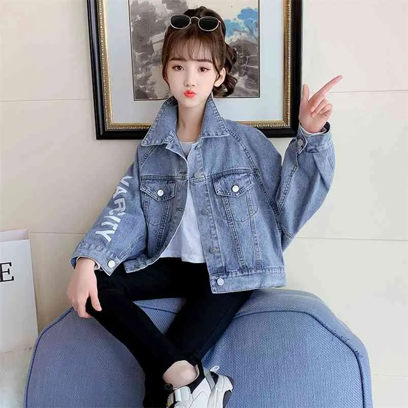 Fashion Kids Girls Coat Jeans Turn Down Collar Letter Print Denim Jackets Korean Spring Fall Children Outerwear Tops 8 12 14Year 210622