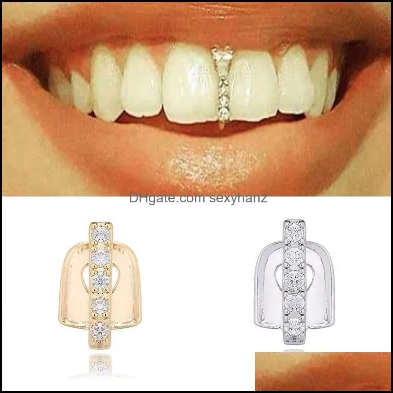 Andra kroppsmycken 2021 Hip Hop Gold Teeth Grillz Top Crystal Grills Dental Mouth Punk Caps Cosplay Party Tooth Rapper Funny Gift Drop Deliv
