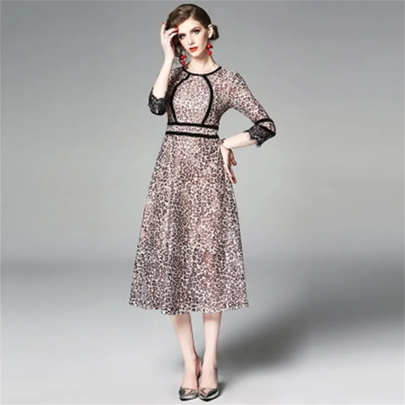 Sommar leopard print klänning kvinnor spets patchwork ihålig flare ärm o-neck vintage eleganta sexiga klänningar vestidos 210603
