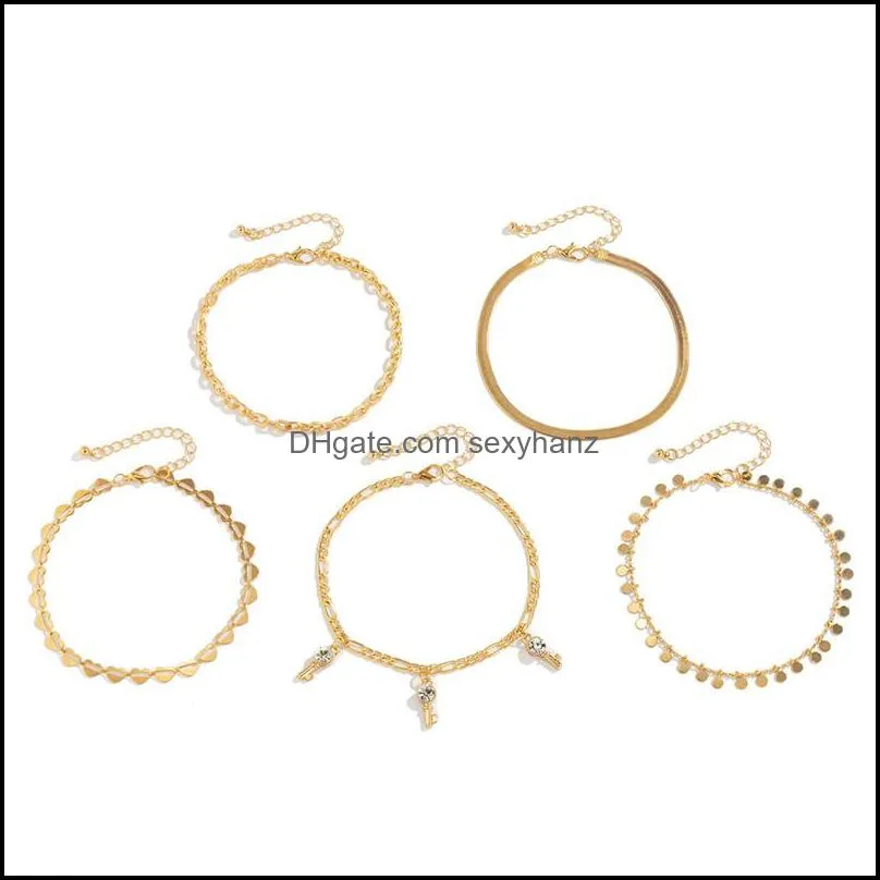 Punk Heart Round Piece Row Anklets Sets European Beach Crystal Key Tassel Foot Snake Chain Women Multi Layer Hip Hop Gold Anklet