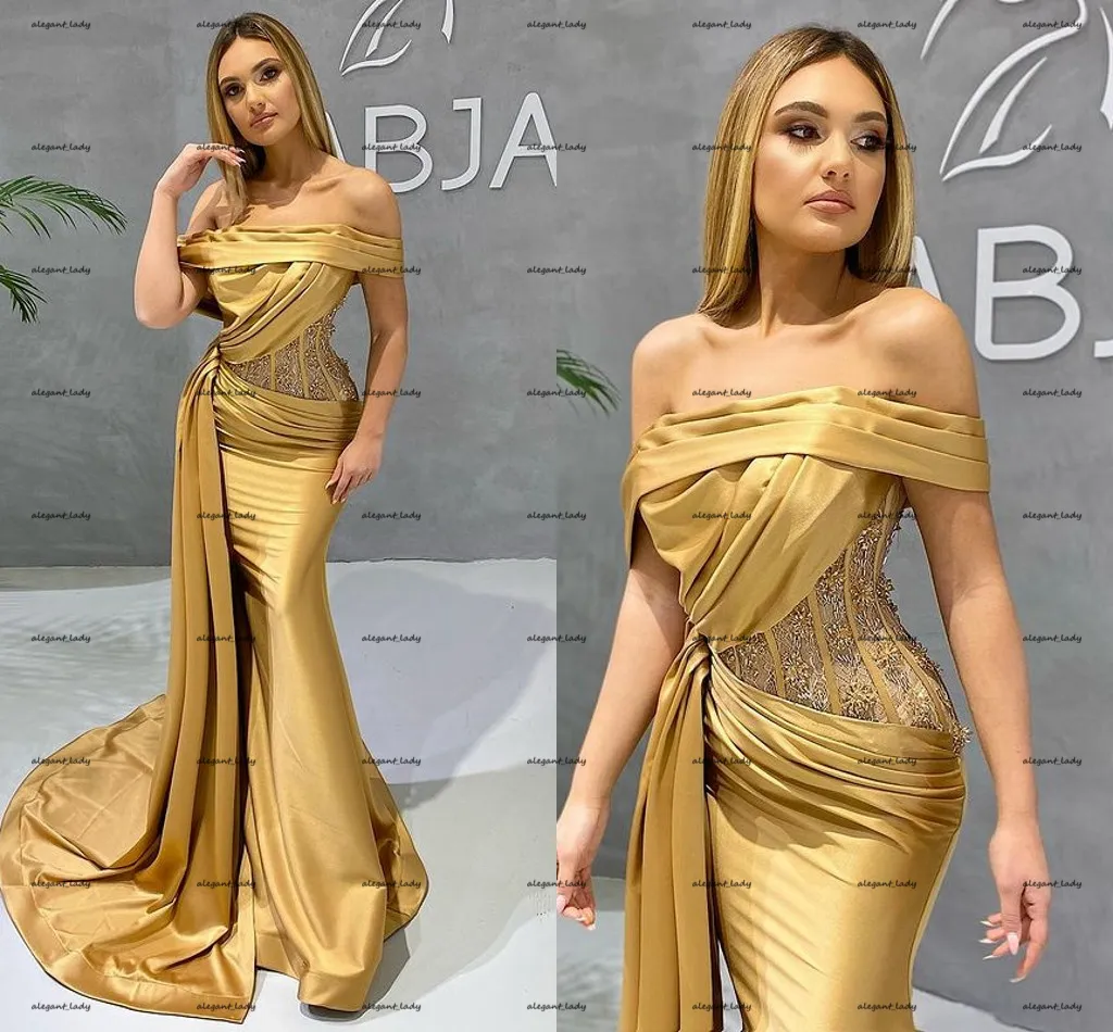 Gold vlek Arabische zeemeermin avondjurken 2022 Off Shoulder Vestido de Fiesta de Boda Kant Floral Side Train Prom Dress Wear