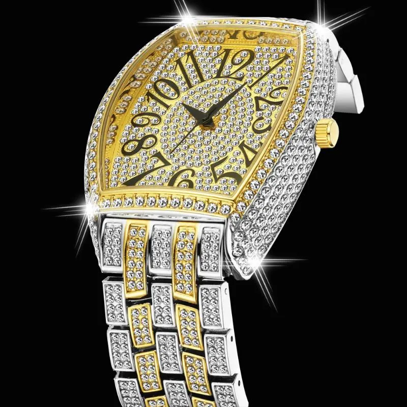 Montres glacées pour hommes Hip Hop Bling Full Diamond Homme Montre Mode Montre-Bracelet de quartz Silver Gold Tonneau Relogio Montre-bracelet Masculino