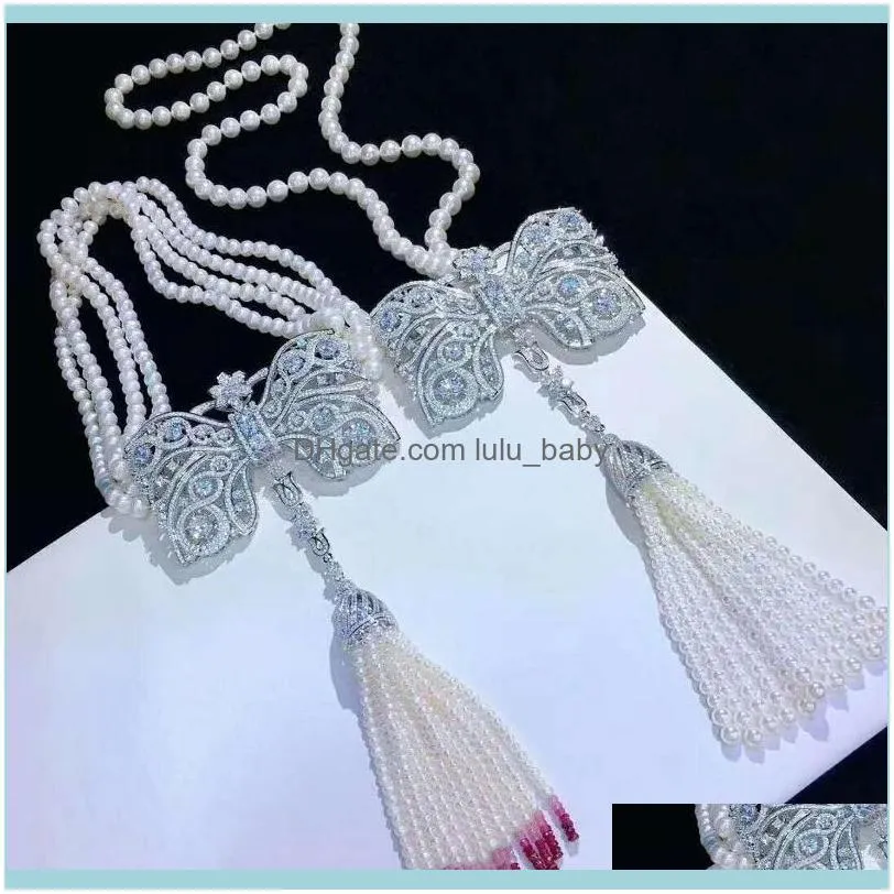 Chains Hand Knotting Women`s Jewelry Micro Inlaid Zircon Bowknot Accessories White Freshwater Pearl Stone Tassels Necklace