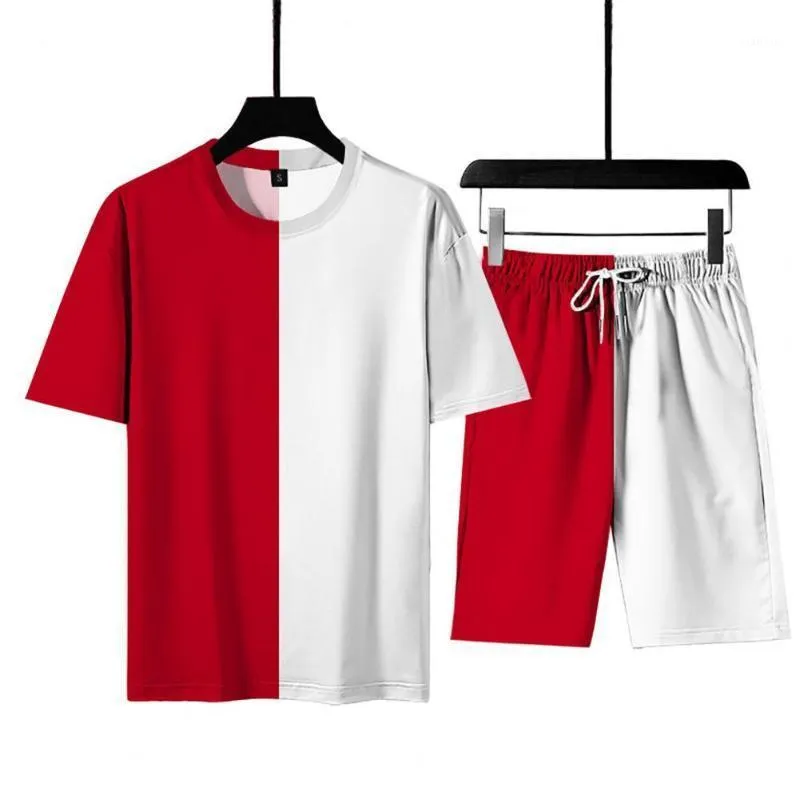 Męskie Dresy Dopasowanie kolorów Krótki Rękaw Sportowy Garnitur Dwa kawałek Koszulka O-Neck Spodenki Mężczyźni Luźne Dres Outwear Studla