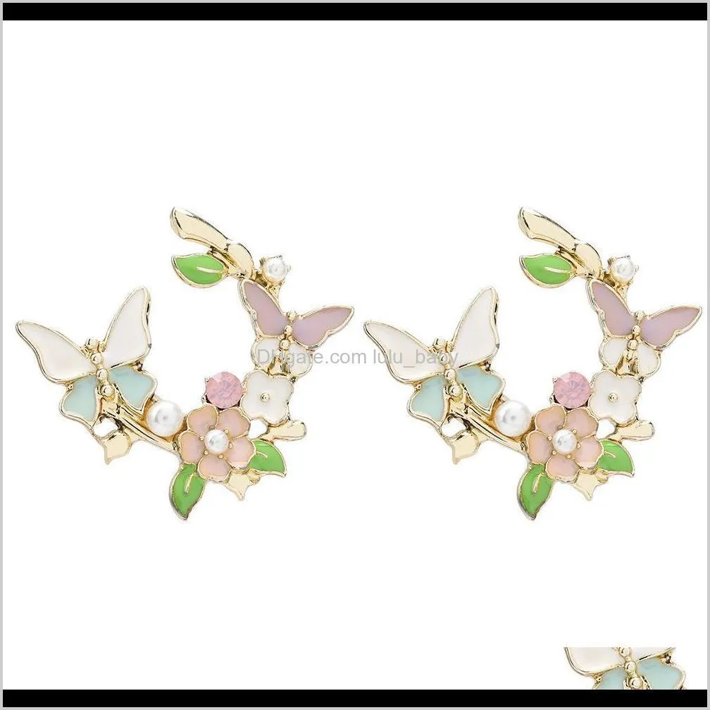 creative fashion alloy oil dripping pearl flower personalized butterfly earrings sweet girl heart artistic earring