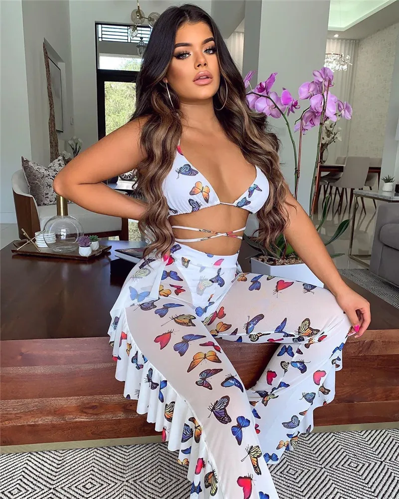 CHRONSTYLE See-Through Women Beach Bra Trousers Deep V-neck Butterfly Print Lace-up Tops Loose Ruffles Pants Summer Clothes Set X0428