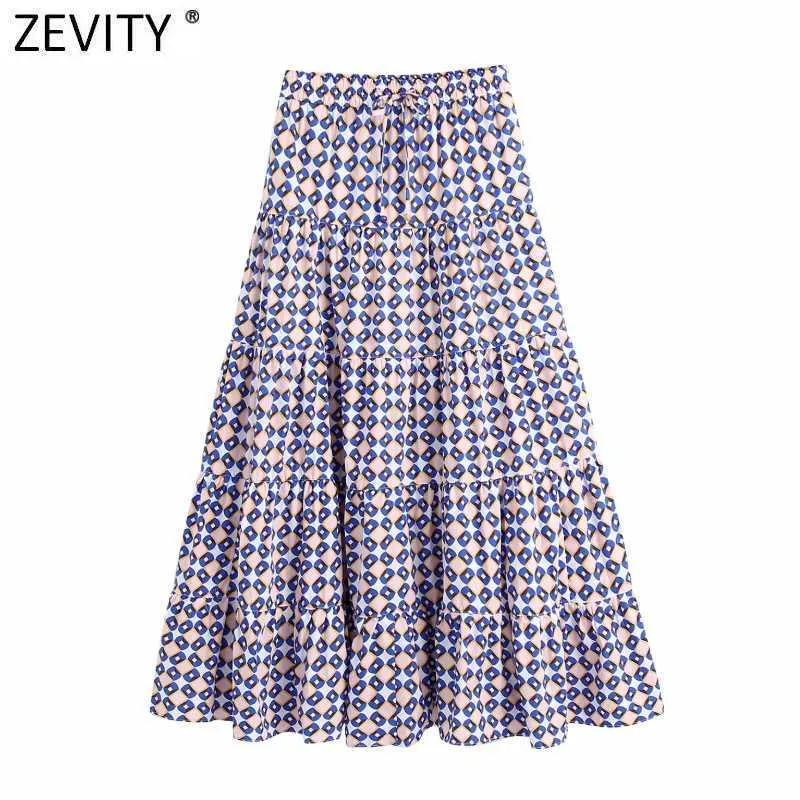 Zevity Women Vintage Geometric Print Platser Casual Midi Skirt Faldas Mujer Kvinna Elastiska Midjafickor En Linje Vestidos QUN792 210603