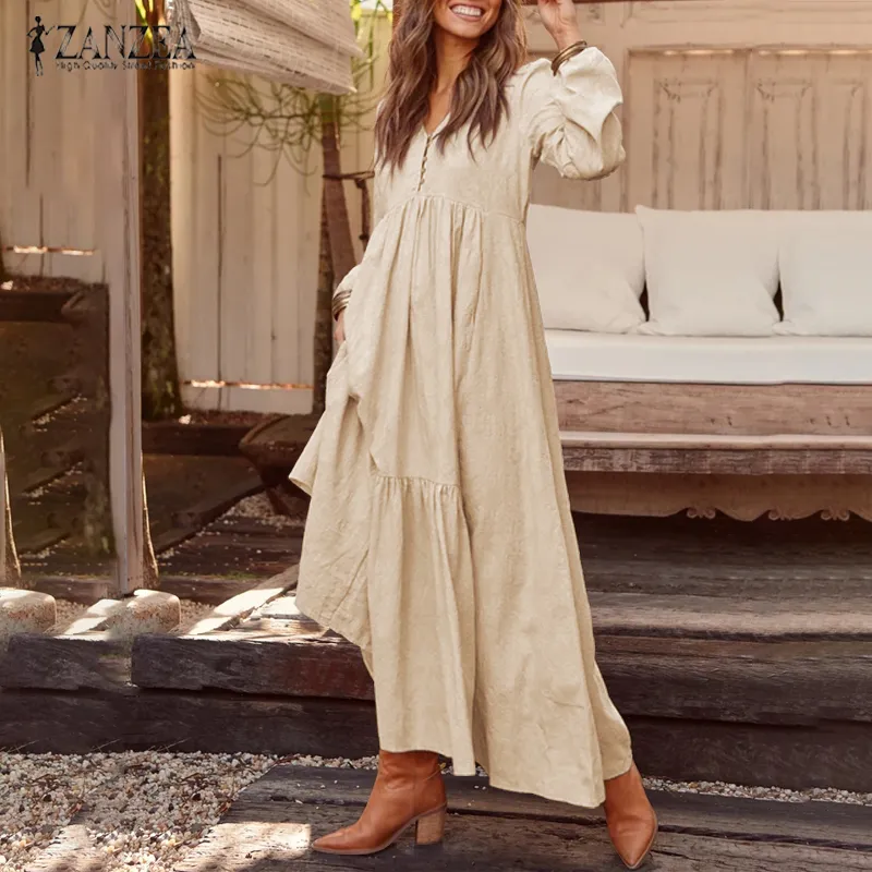 Bohemian Shirt Dress Women's Maxi Sundress Vår Elegant Casual V Neck Rufle Vestido Kvinna Långärmad Tunika Robe