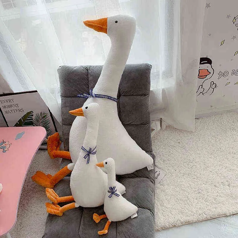 Simulation Bow Goose Plush Toy 80cm big lifelike White Goose Hug Pillow Stuffed Plushie Duck doll toys for Children Birthday Y211119