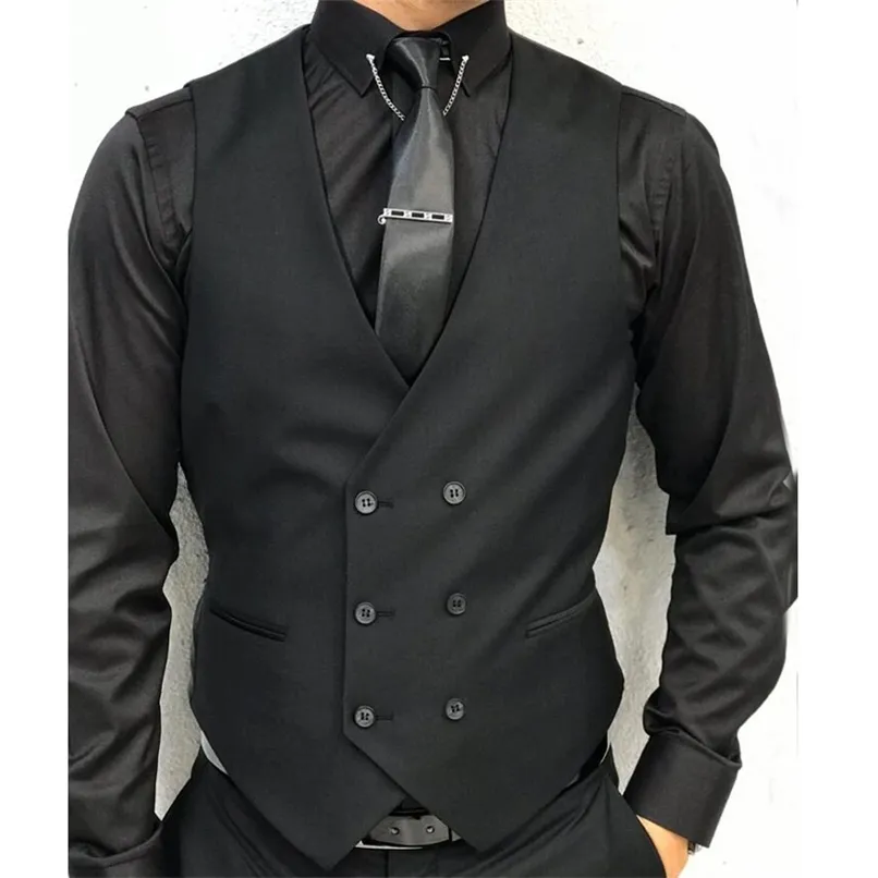 Zwart formeel mannen vest met dubbele breasted v-hals mannelijke pak vest Custom bruiloft smoking taille jas mode 210923