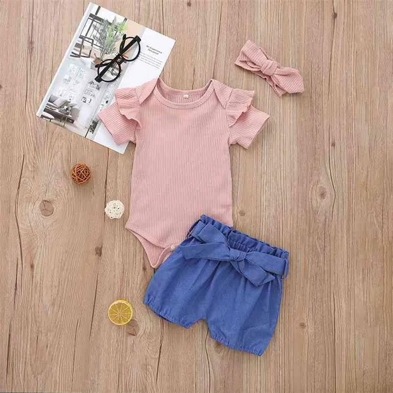 Children de verão define manga curta o pescoço maciço macacão azul shorts cute 2 pcs meninas menino roupas conjunto 0-210629