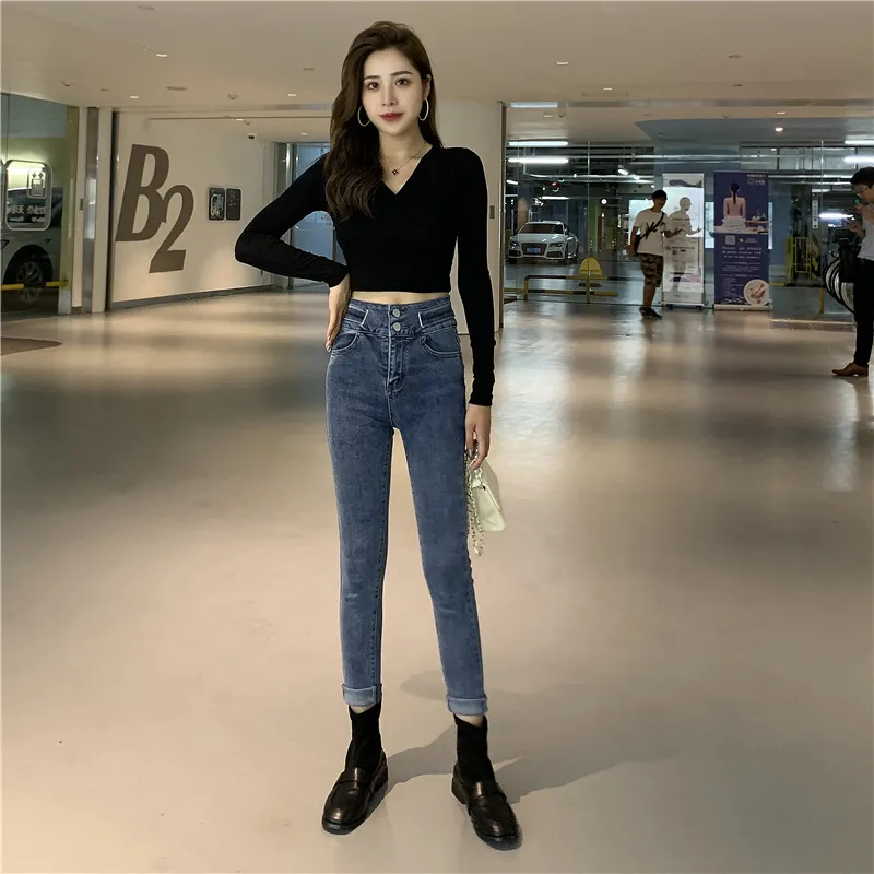 1 Jeans skinny a vita alta per donna Pantaloni a matita in denim sottile Casual Vintage Donna Streetwear Elastico da donna 210514