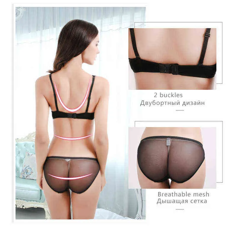 NXY Sexy Setsexy Backless Niewidzialne kobiety Biustonosz Zestaw ultra-cienkich Push Up Cup Mesh Siatki Koronki i Pantys Bielizna Przezroczyste Bielizna Ladies S-XL 1129