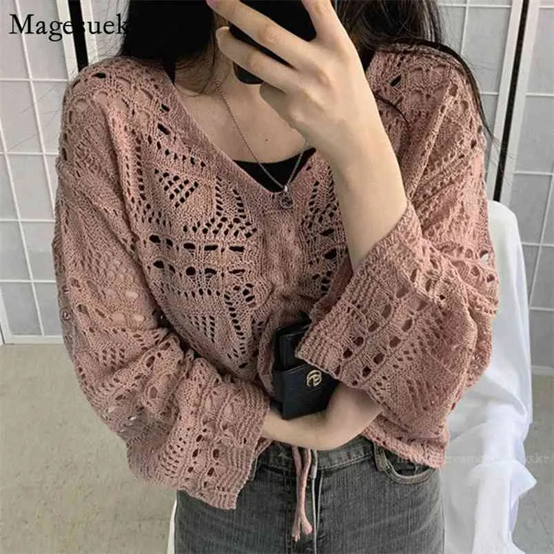 Autumn Korean Women Tops And Blouses Flare Sleeve V Neck Knitted Shirts Drawstring Hollow Out Sexy Top Mujer 10194 210512