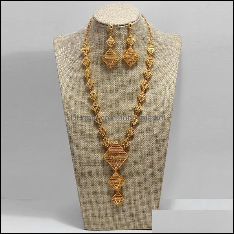 Dubai India Gold Color Jewelry Sets For Women African Flower Necklace Earrings Party Wedding Bridal Accessories 201215