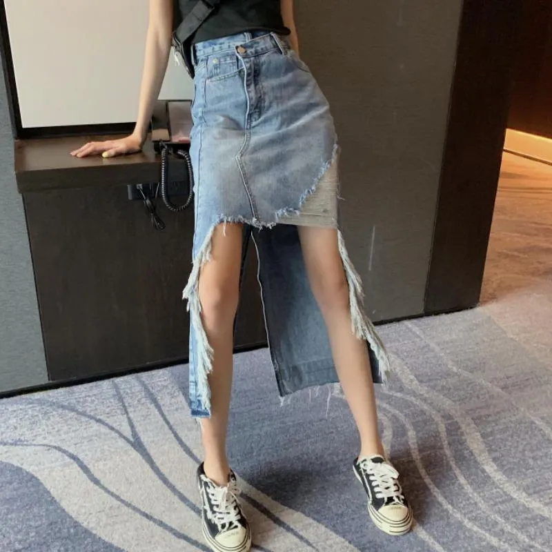 Ripped Denim Hip Skirt Women's High Waist Temperament Chic Ladies Autumn Casual Fashionable Skirts