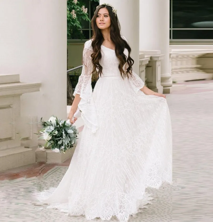 2023 Sumemr Beach Lace V-neck Bridal Gown with Batwing Sleeves - Boho Chic jessica biel wedding dress