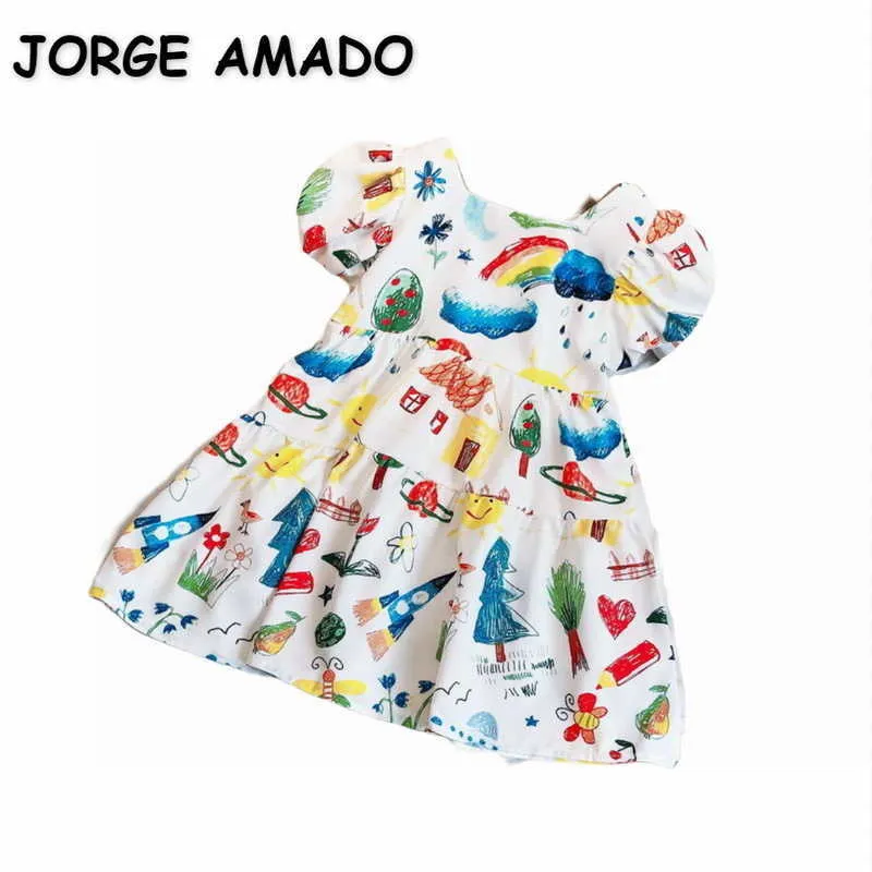 Wholesale verão crianças meninas vestido desenho animado árvore árvore flores cute estilo princesa e9315 210610